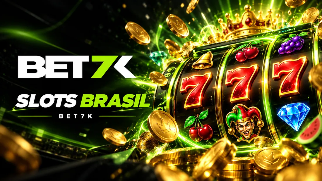 Máquina caça-níquel com três setes vermelhos, coroa, moedas douradas e frutas, banner Slots Brasil da Bet7K